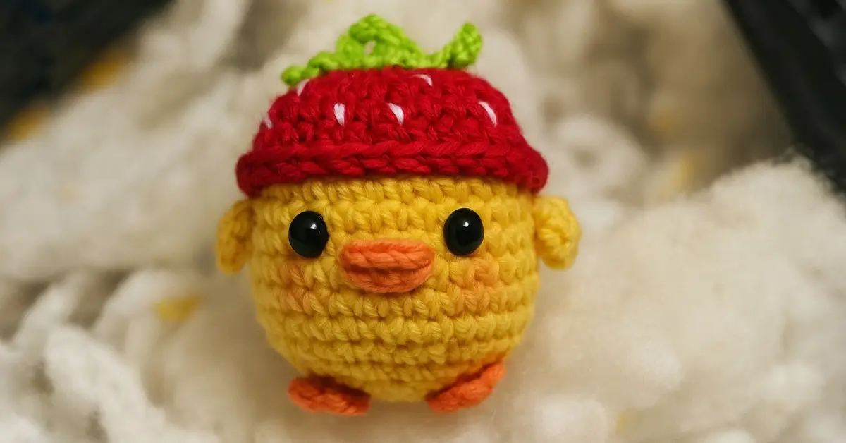Imagem de um pato amigurumi feito à mão com chapéu de morango, posicionado sobre enchimento branco de fibra. O pato de crochê tem bico e pés laranja, olhos pretos brilhantes e um chapéu vermelho com detalhes verdes e brancos, lembrando uma morango. Ideal para ilustrar a receita completa de Pato Amigurumi com Chapéu de Morango.