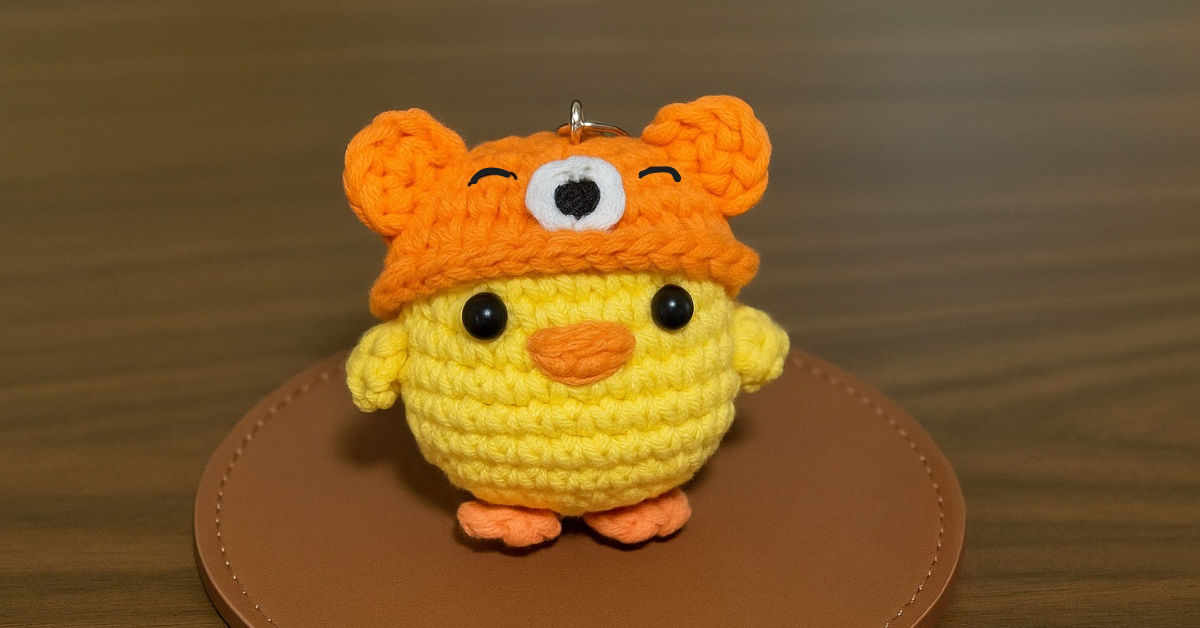 Pato amigurumi em crochê com chapéu de raposa laranja, ideal como chaveiro ou lembrancinha artesanal, ilustrando receita fácil passo a passo.
