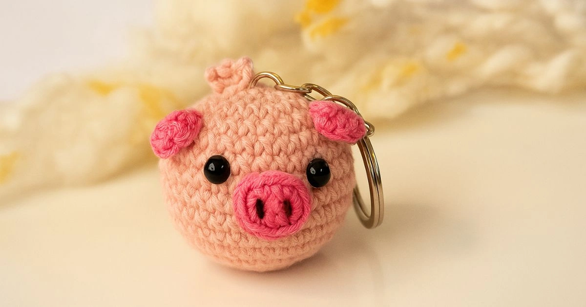 Chaveiro de porquinho feito em crochê estilo amigurumi com focinho rosa e olhos pretos, ideal para receita gratuita passo a passo.
