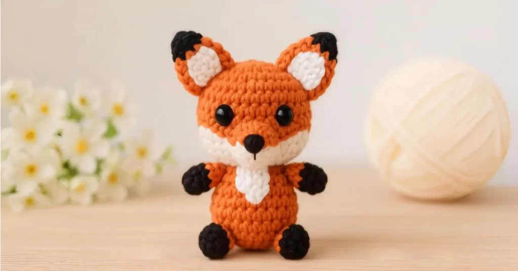 Chaveiro de raposa feito em crochê estilo amigurumi, com acabamento fofo e colorido, ideal para seguir a receita passo a passo.