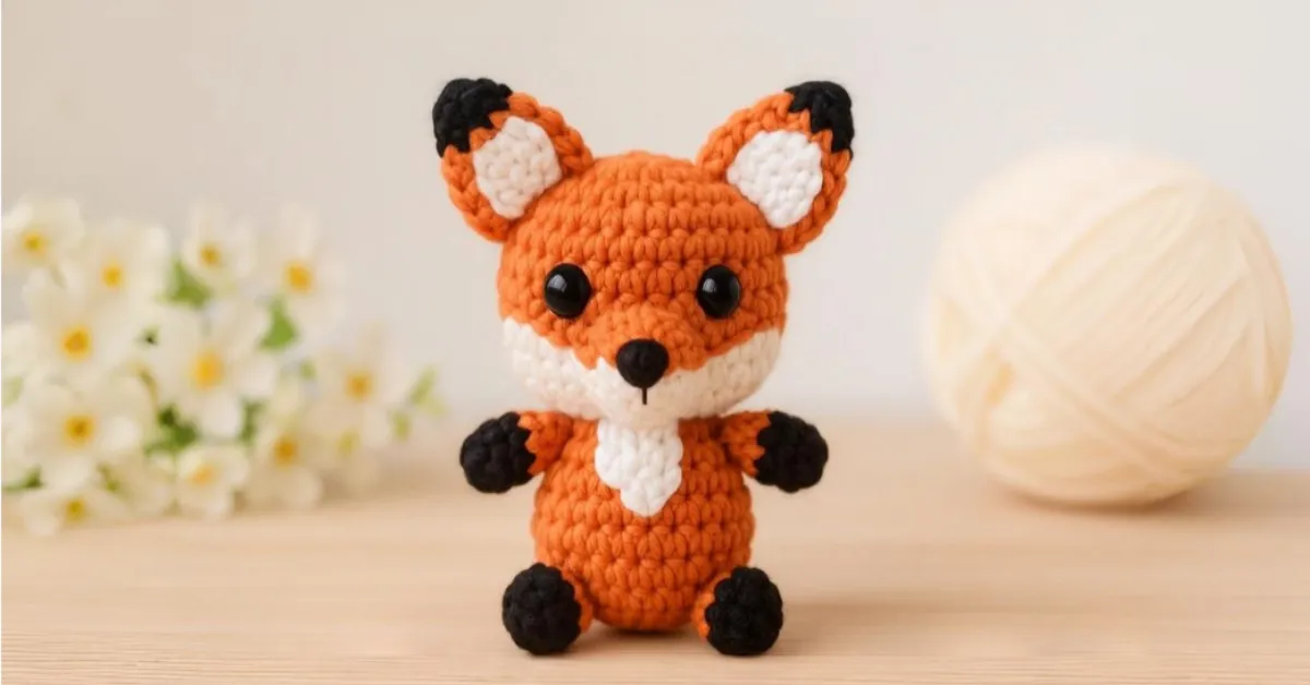 Chaveiro de raposa feito em crochê estilo amigurumi, com acabamento fofo e colorido, ideal para seguir a receita passo a passo.