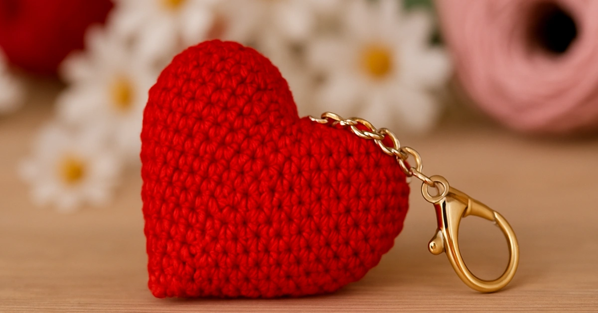 Coração de crochê amigurumi vermelho com chaveiro dourado, ideal para ilustrar a receita passo a passo do artesanato.