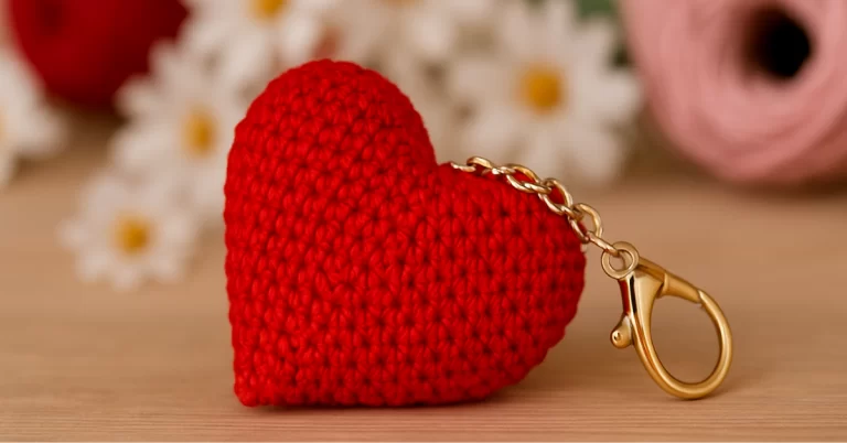 Coração de crochê amigurumi vermelho com chaveiro dourado, ideal para ilustrar a receita passo a passo do artesanato.