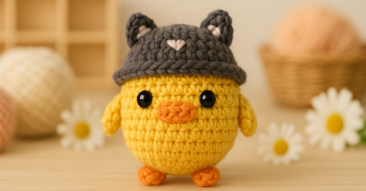 Pato amigurumi com chapéu de gato feito em crochê, peça artesanal fofa ideal para ilustrar receita passo a passo completa.