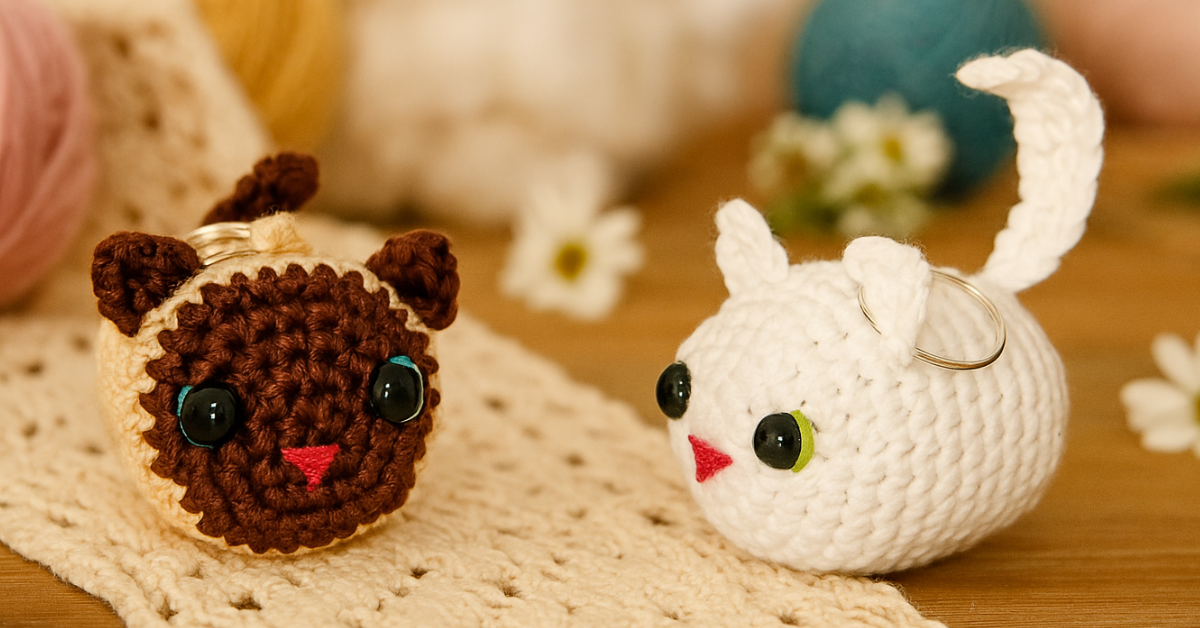 Chaveiros de crochê em forma de gatos roliços, um siamês e um branco, amigurumis fofos e detalhados, receita de crochê grátis passo a passo para fazer em casa.